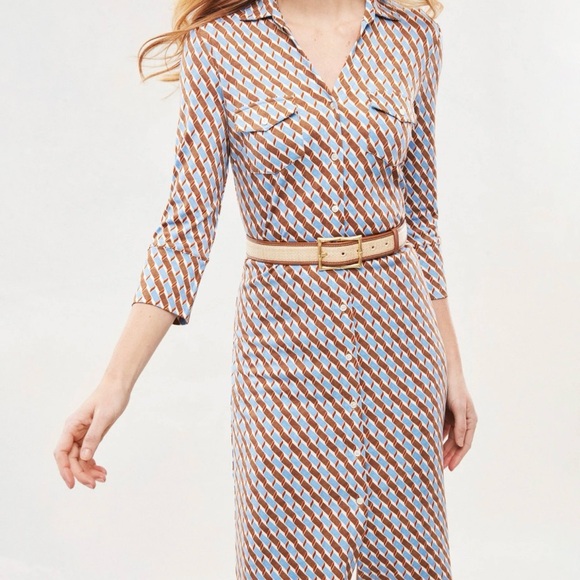 JMcLaughlin Brynn Geometric Print Shirt Dress 3/4 Sleeve Tie Waist Midi - Picture 2 of 5